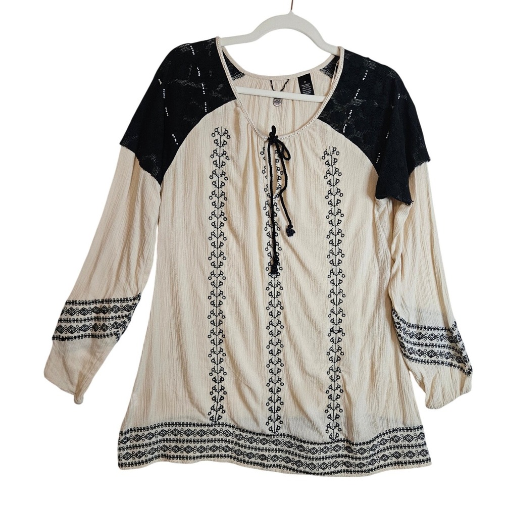 BKB Boutique Tunic Top Cream Black Lace Embroidered‎ Long Sleeve Tie Neck M #518